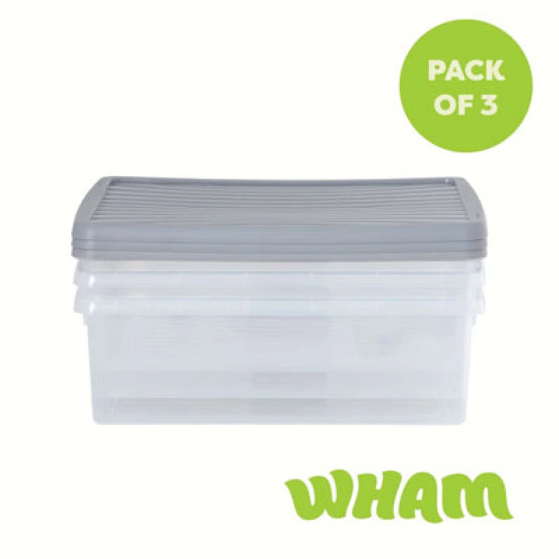 Image of 3 X Wham Box 23.5L Stackable Plastic Storage Box & Lid Clear/steel