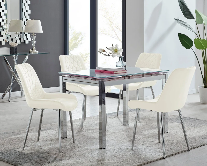 Image of FurnitureboxUK FurnitureboxUK Enna White Glass Extending 4-6 Seater Dining Table and 4 Pesaro Soft Velvet Chairs in Cream Cream One Size Unisex 505654