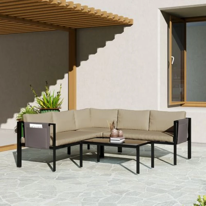 Image of Outsunny 4 Piece Garden Furniture Set w/ Breathable Mesh Pocket, Khaki, Cream 84G-049V70KK