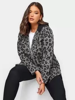 Image of Yours Hooded Sweat Shacket Grey Leopard, Black, Size 30-32, Women