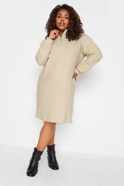 Image of Yours Soft Touch Zip Neck Jumper Dress Camel