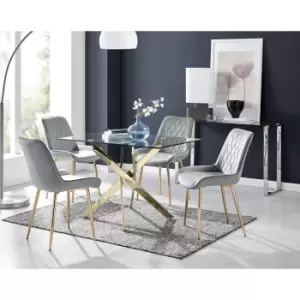 Image of Furniturebox Leonardo 120cm Modern Glass And Gold Metal Leg Dining Table And 4 Elephant Grey Pesaro Velvet Gold Leg Dining Chairs