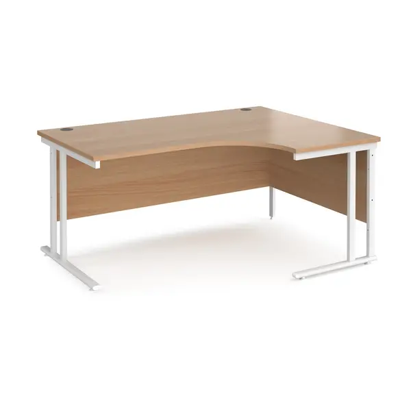 Image of Maestro 25 Right Hand Ergonomic Desk with White Cantilever Frame and Beech Top - 1600mm Wide