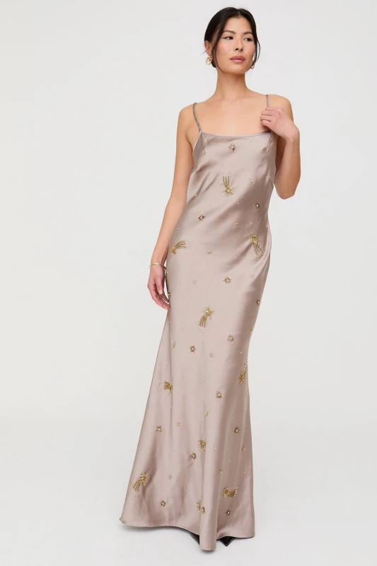 Image of Lily and Lionel Womens Starburst All Over Embellished Maxi Dress In Oyster in Light Grey Size: 14 Light Grey Female 14