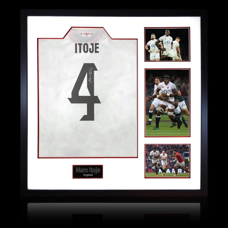 Image of The Fan Cave Maro Itoje Signed England 2025 Shirt Elite Frame White unisex 820x820mm
