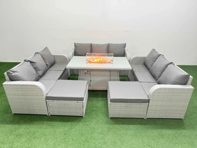 Image of Fimous PE Rattan Lounge Sofa Set 11 Seater Outdoor Garden Furniture Set with Firepit Dining Table 3 Seater Sofa 2 Big Footstools Light Grey Light Grey