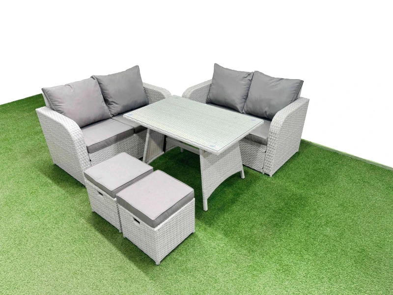 Image of Fimous 6 Seater Outdoor Love Sofa Set Rattan Garden Furniture Set in Light Grey Light Grey Unisex