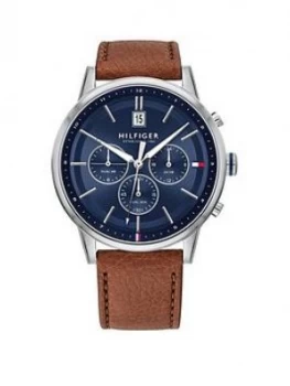 Image of Tommy Hilfiger Kyle Blue Suray And Silver Detail Chronograph Dial Brown Leather Strap Mens Watch