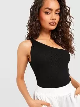 Image of Boohoo Twist Shoulder One Sleeve Rib Knit Bodysuit - Black, Size XL, Women