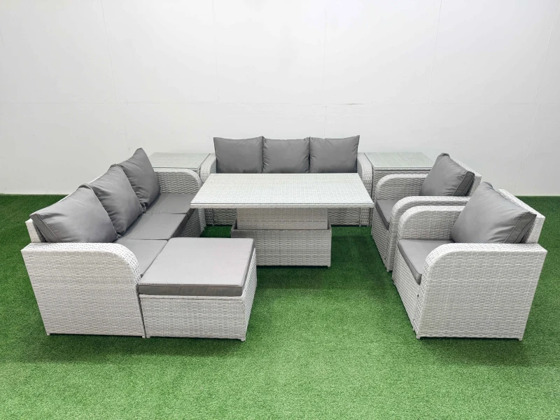 Image of Fimous PE Rattan High Back Lounge Sofa Set with 3 Seater Sofa Reclining Chair Big Footstool 2 Side Table Light Grey