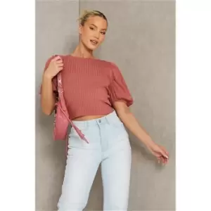Image of I Saw It First Rose Ribbed Puff Sleeve Knitted Crop Top - Pink