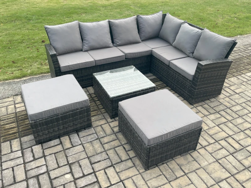Image of Fimous 8 Seater Wicker PE Outdoor Garden Furniture Set High Back Rattan Corner Sofa Set with 2 Big Footstool Square Coffee Table in Dark Grey Dark Gre