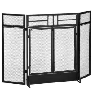 Image of Homcom 3 Panel Folding Freestanding Fireplace Screen With Door Metal Mesh Black