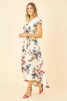 Image of Ivory Floral Wrap Dip Hem Dress