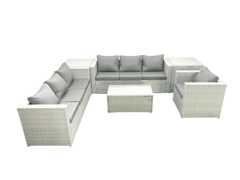 Image of Fimous Wicker PE Rattan Sofa Garden Furniture Set with Armchair Oblong Coffee Table 2 Side Tables Light Grey Mixed Light Grey