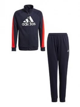 Image of adidas Boys Junior Badge Of Sport Cotton Tracksuit - Multi, Red/White, Size 7-8 Years