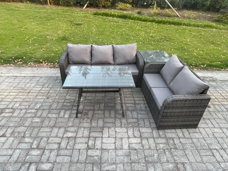 Image of Fimous High Back PE Rattan Sofa Set Outdoor Garden Furniture Dining Table Set Love Sofa 3 Seater Sofa Side Table Dark Grey