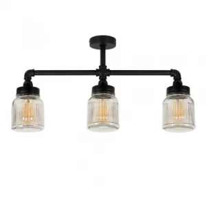 Image of Luiggi Steampunk 3 Way Bar Light in Black with Ribbed Jar Shades