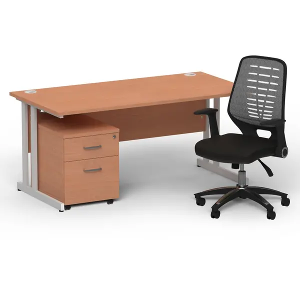 Image of Dynamic Office Solutions Impulse 1600mm Cantilever Straight Desk With Mobile Pedestal and Relay Silver Back Operator Chair BUND1431