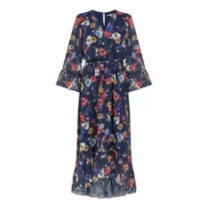 Image of Yumi Navy Bird And Floral Print Wrap Dress - Blue