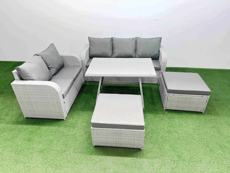 Image of Fimous Rectangular Dining Table Sofa Set with 2 Big Stool Light Grey Light Grey Unisex