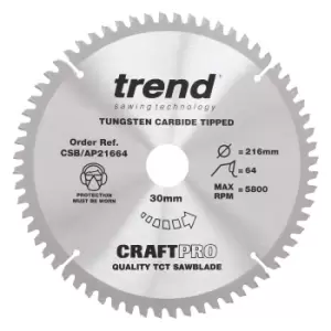 Image of Trend CRAFTPRO Aluminium and Plastic Cutting Saw Blade 216mm 64T 30mm