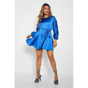 Image of I Saw It First Blue Satin Belted Blouson Sleeve Skater Dress - Blue