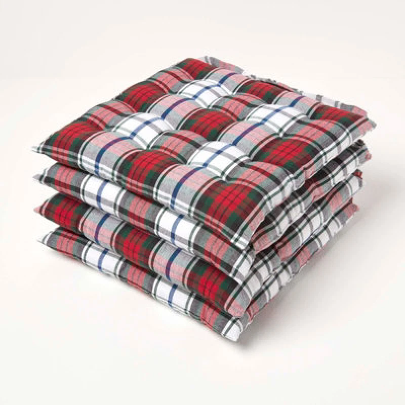 Image of Homescapes Macduff Tartan Seat Pad with Button Straps 100% Cotton 40 x 40cm Set of 4 Red