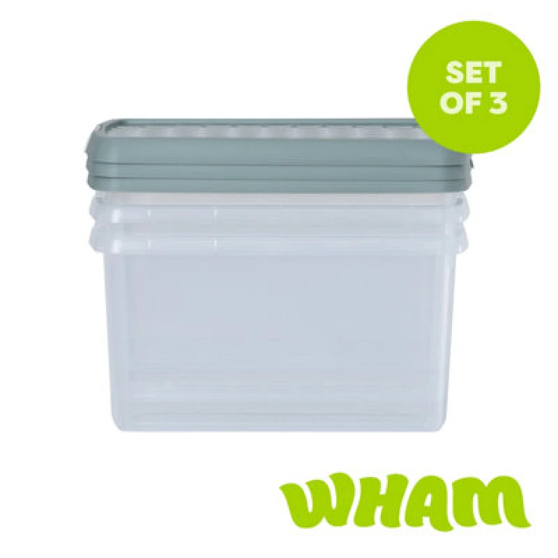 Image of Wham Clip 3X 14L Rectangular Plastic Storage Boxes With Clip Lock Lids. Ideal For Home, Office, Toys & More - Clear/green Milieu