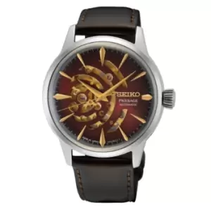 Image of Seiko Presage Cocktail Time Star Bar 'Red Brick' Automatic Red Dial Black Leather Strap Limited Edition Mens Watch SSA457J1