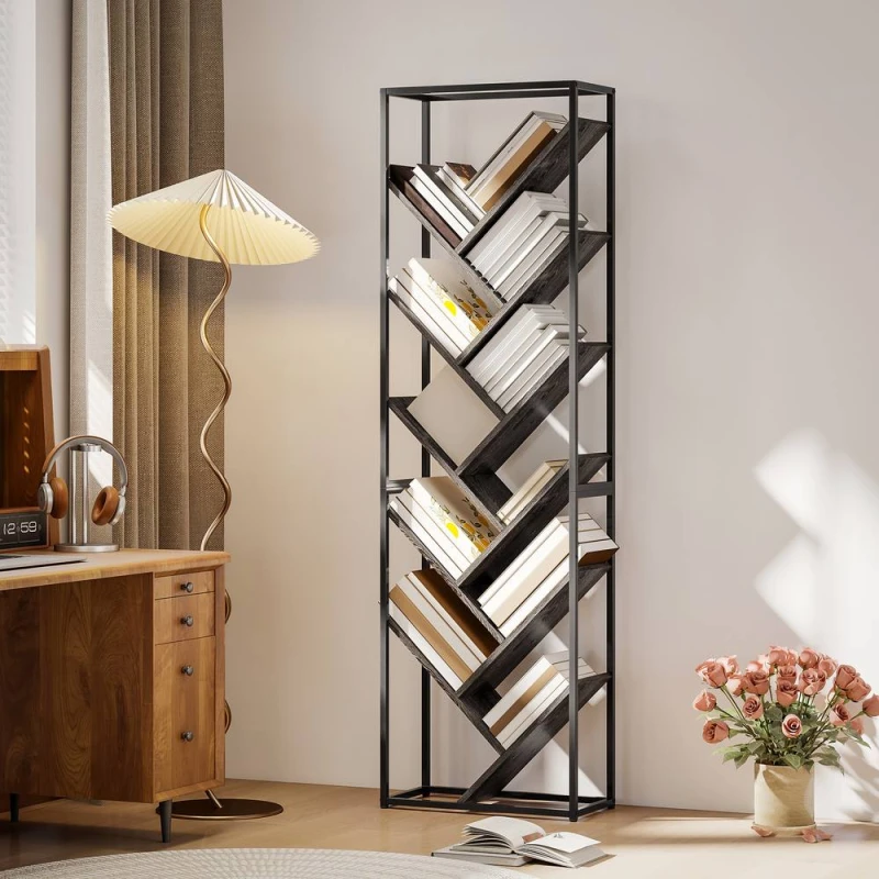 Image of HOMCOM 10 Tier Tree Bookshelf Industrial Tall Bookcase in Grey Grey Unisex