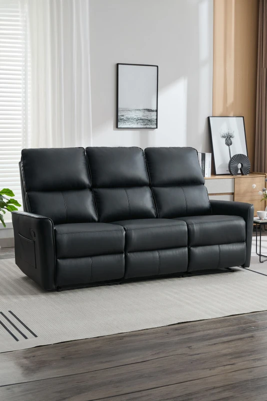 Image of More4Homes Madrid 3 Seater Manual Air Leather Recliner Sofa Black