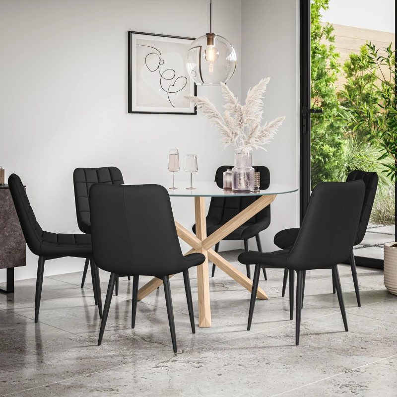 Image of More4Homes Malvern Round Dining Table And Chairs - Clear Glass Table Top W Solid Oak Legs + Nova Faux Leather Dining Chair Set Of 6 (Black)
