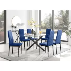 Image of Furniturebox UK - Furniturebox Leonardo 6 Black Leg Glass Dining Table and 6 Navy Milan Velvet Dining Chairs With Black Legs Diamond Stitch Modern