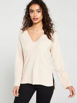 Image of Oasis V-neck Stepped Hem Christy Jumper, Neutral, Size S, Women