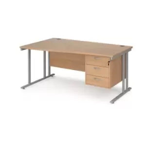 Image of Office Desk Left Hand Wave Desk 1600mm With Pedestal Beech Top With Silver Frame Maestro 25 MC16WLP3SB