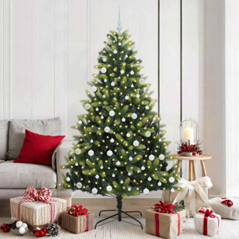 Image of vidaXL Artificial Hinged Christmas Tree 300 LEDs, White Balls Green 180 cm, Green 3395994