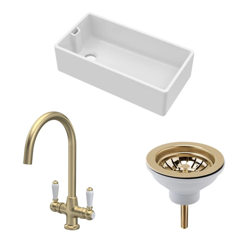 Image of Balterley Fireclay Kitchen Bundle 1 Bowl Belfast Sink With Strainer Waste & Mono Lever Handle Tap, 895mm Brushed Brass