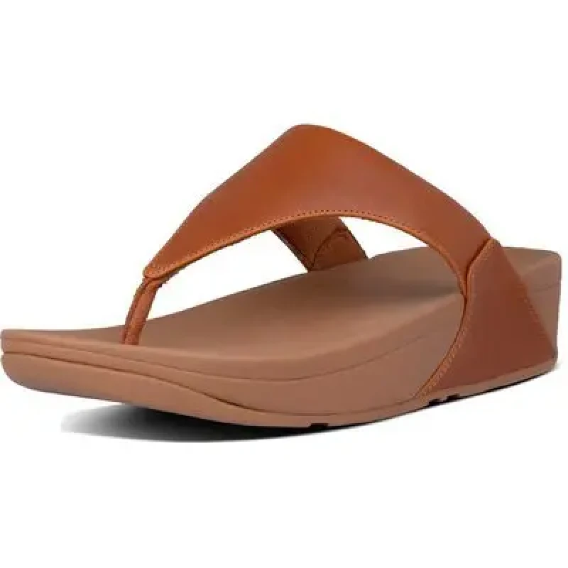 Image of FitFlop Lulu Toe Post Leather Womens Wedge Sole Sandals - Light Tan - Size:UK 8
