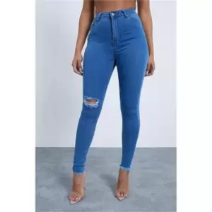 Image of I Saw It First Mid Wash Stretch Knee Rip 5 Pocket Skinny Jeans - Blue