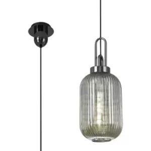 Image of Luminosa 1 Light Pendant E27 With 20cm Tubular Ribbed Glass, Smoked Black Chrome, Matt Black
