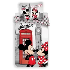 Image of Disney London Mickey & Minnie Mouse Duvet Cover Set (Single) (Grey/White/Red) - Grey/White/Red