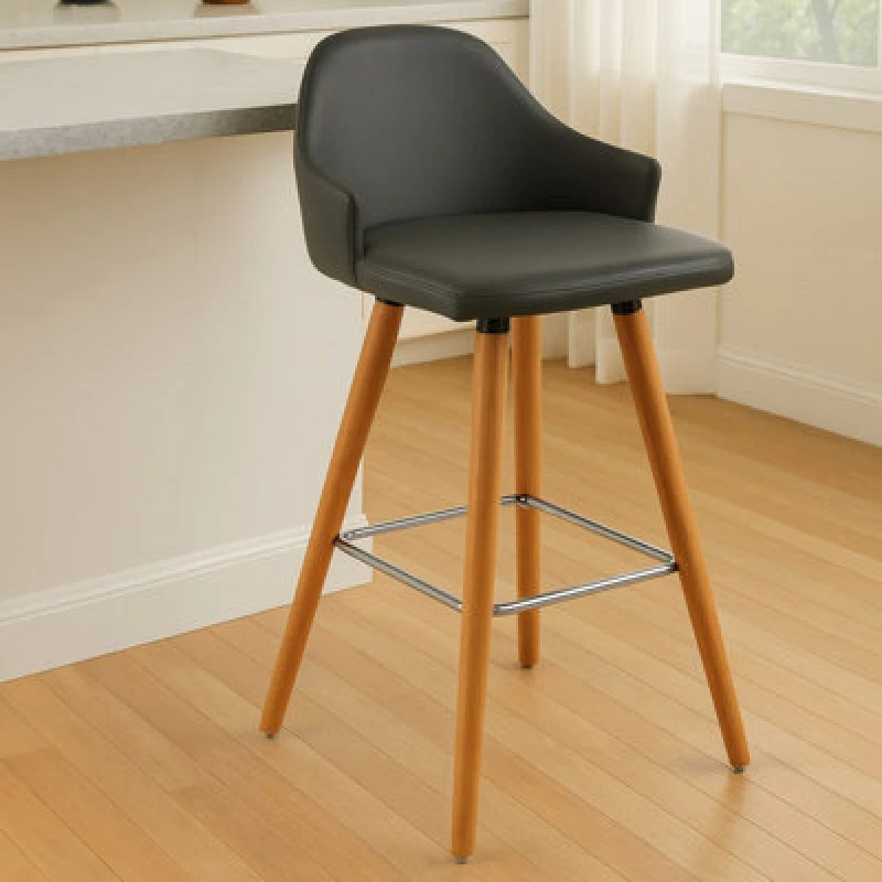 Image of Premier Housewares Interiors by Premier Black Curved Backrest Bar Stool, Comfortable Seating Faux Leather Bar Stool, Easy to Clean Kitchen Bar Stool G