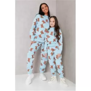 Image of I Saw It First Light Blue Girls Teddy Repeat Print Oversized Joggers - Blue