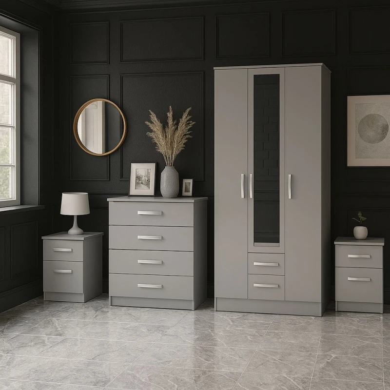 Image of Birlea Grey Wooden 4 Piece Furniture Set Wardrobe Chest of Drawers Bedsides Lynx Grey Unisex