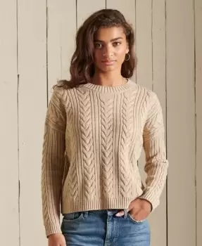 Image of Superdry Womens Dropped Shoulder Cable Knit Crew Neck Jumper Beige / Mid Caramel Twist - Size: 14