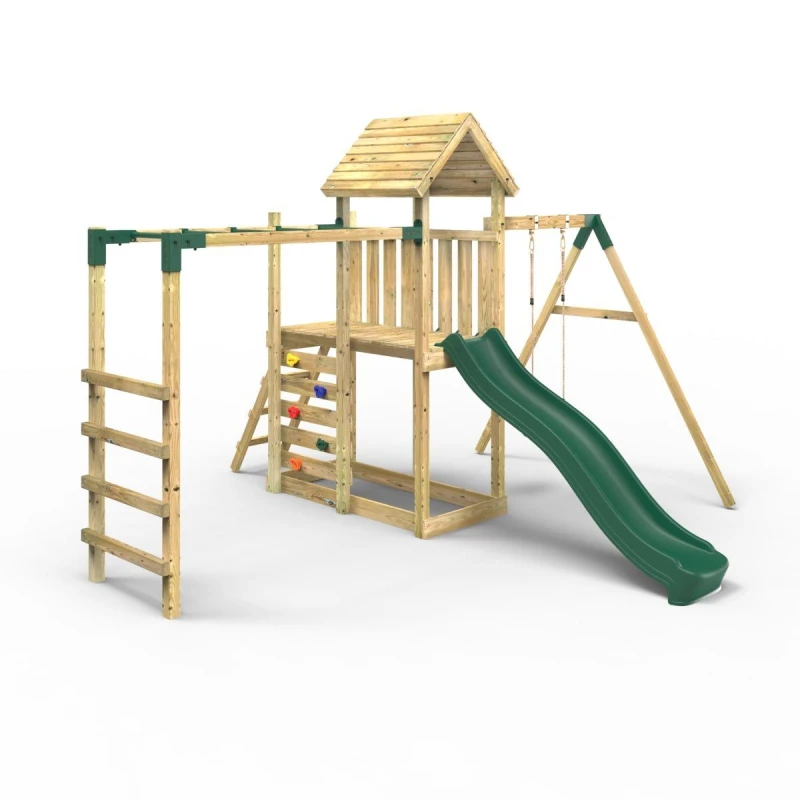 Image of OutdoorToys Extended Tower Garden Wooden Climbing Frame with Swings & Slide for Kids - Arvon in Beige Beige Unisex