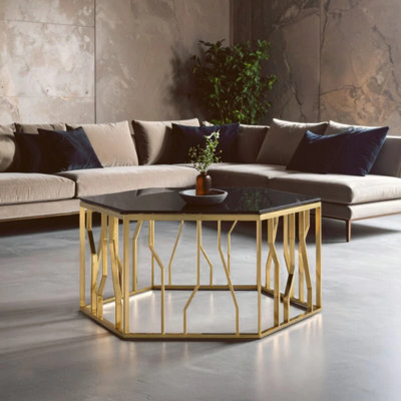 Image of Premier Housewares Modern Hexagonal Coffee Table Sturdy Metal Decorative Table For Livingroom, Hexagonal Display Table Black