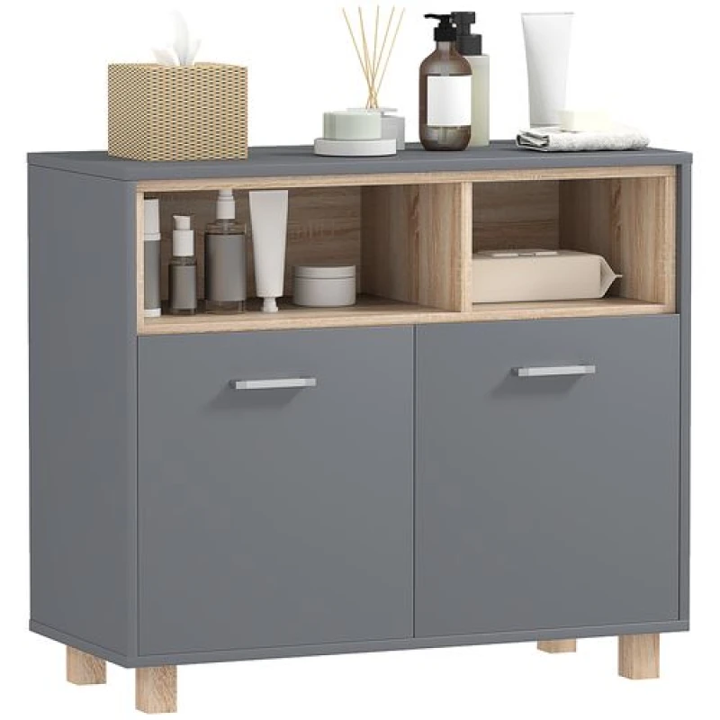Image of HOMCOM Bathroom Storage Cabinet with Open Compartments and Double Doors Grey
