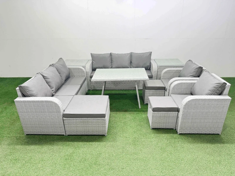 Image of Fimous Rattan High Back Lounge Sofa Set Patio Dining Table & Chairs Set With 2 Side Tables 3 Stool Light Grey